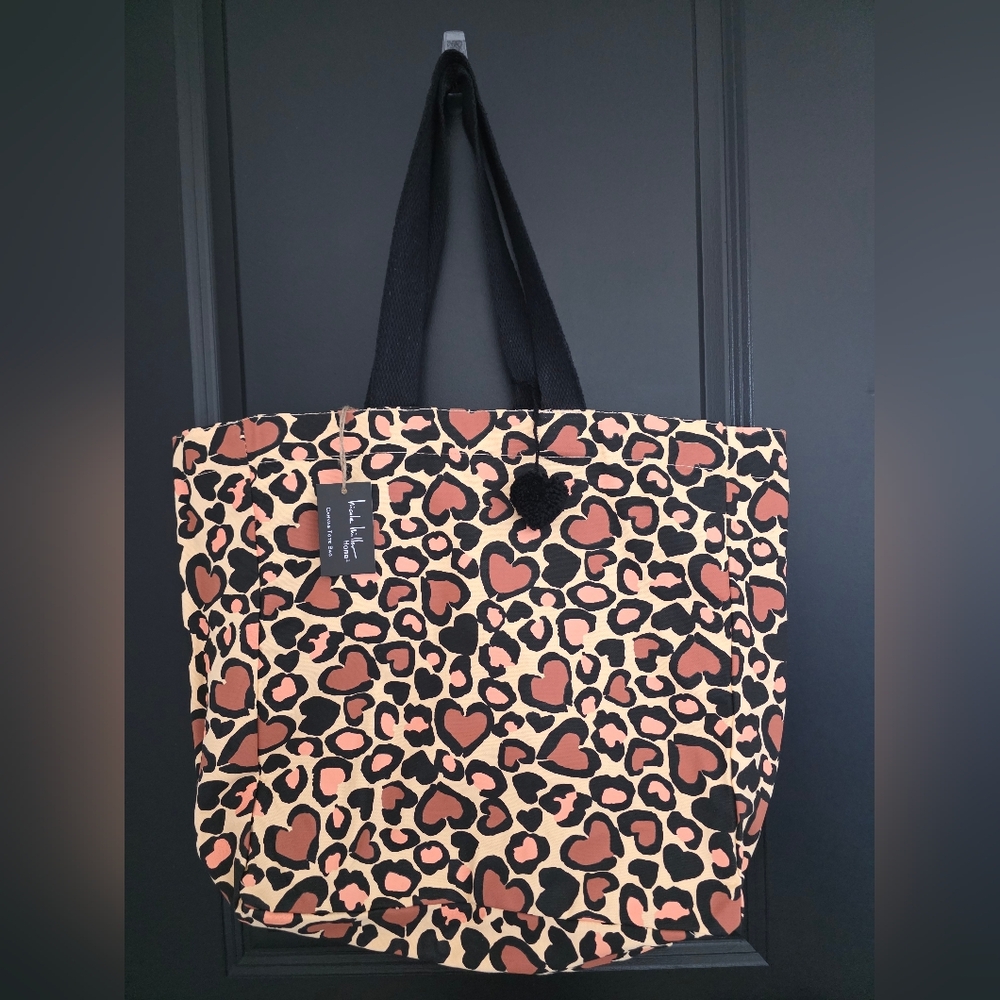 NWT Nicole Miller Leopard Print/Hearts Canvas Tote Bag